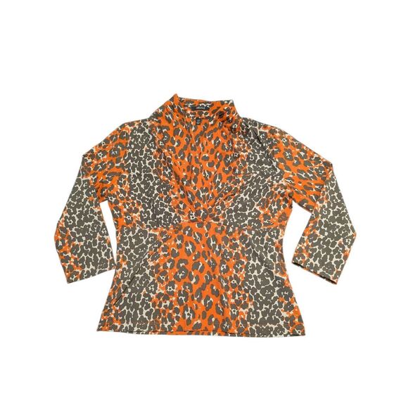 CARLISLE Brown Orange Animal Print V Neck 3/4 Sleeve Ruching Detail Top Size Med - Picture 1 of 4